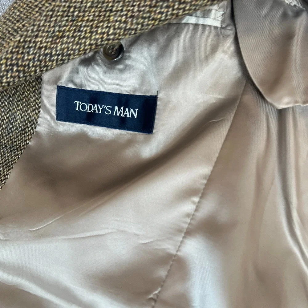 Today's Man Blazer Jacket Mens 38S Brown Lambs Wool Tweed Single Breasted Career